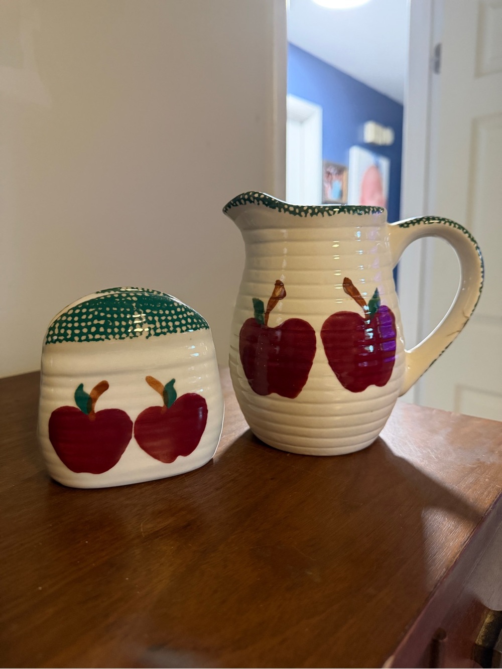 Hand-Painted Apple Ceramic Pitcher and Salt Box - White with Red Apples